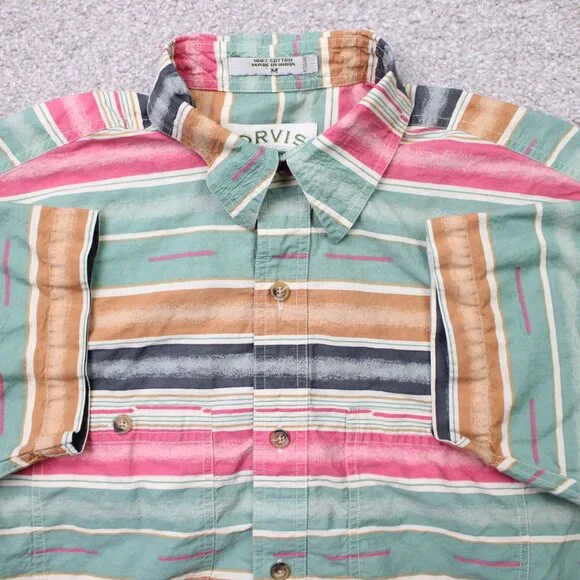 Orvis Shirt Mens Medium Green/Pink Striped 100% Cotton Short Sleeve Button - Picture 1 of 10